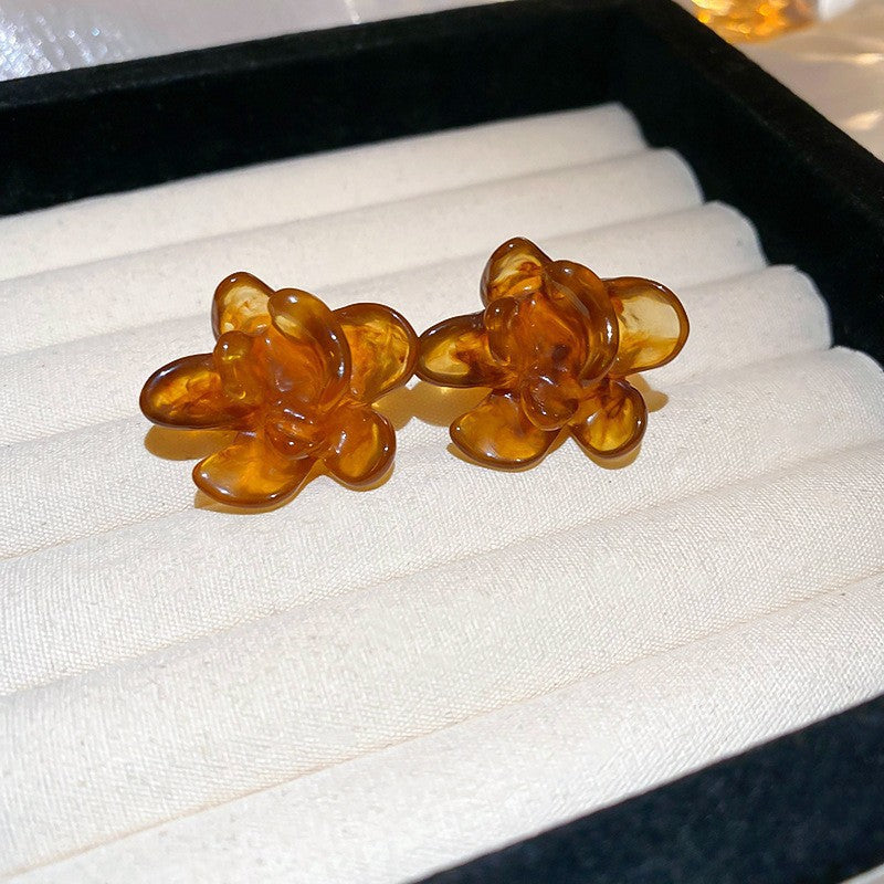 美拉德風咖色幾何花朵愛心耳釘時尚氣質耳環復古高級感耳飾女