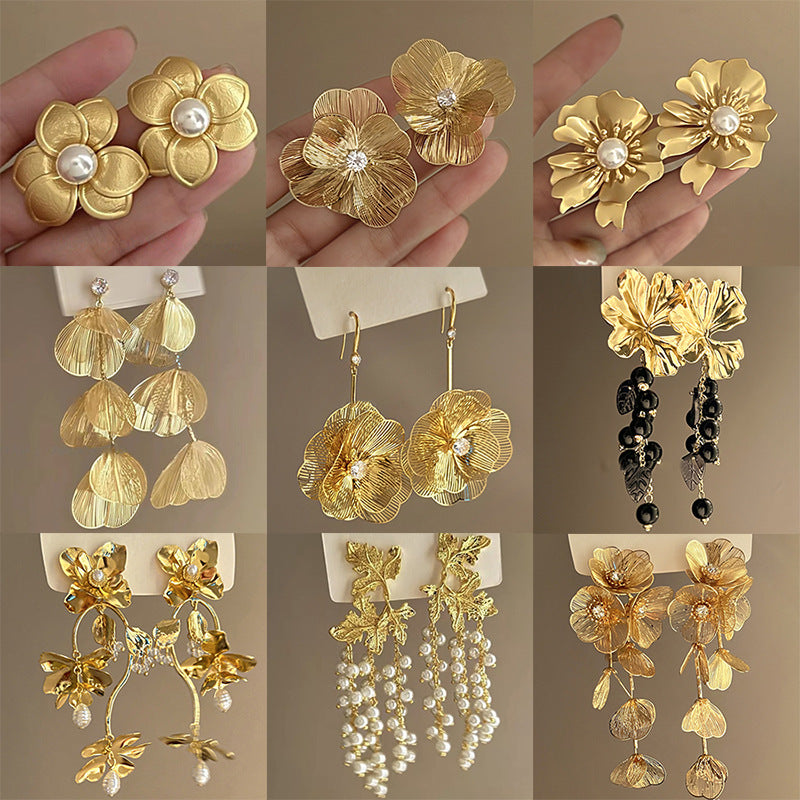 銀針歐美跨境專供花朵珍珠流蘇耳環氣質個性耳釘誇張高級感耳飾女