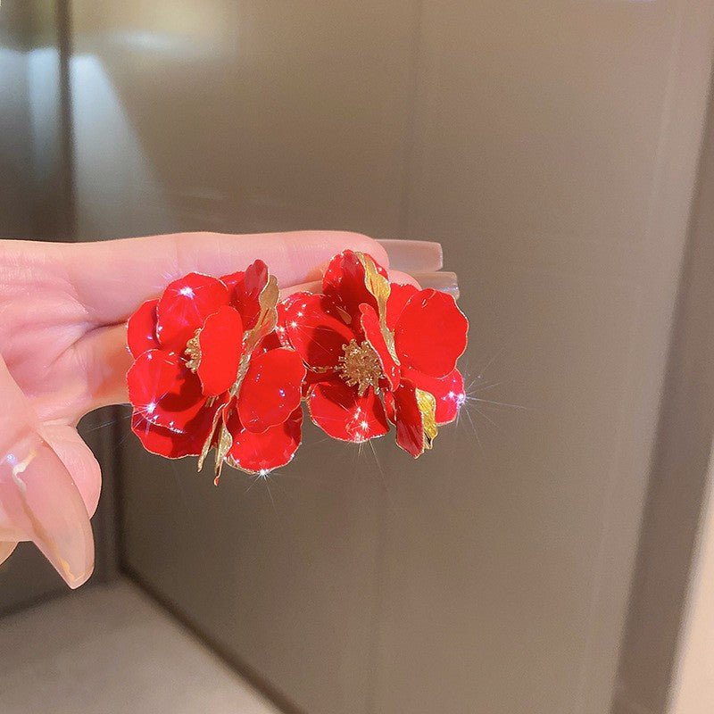 浪漫烏托邦安可拉紅色花朵流蘇耳釘氛圍感長款耳釘輕奢高級感耳飾