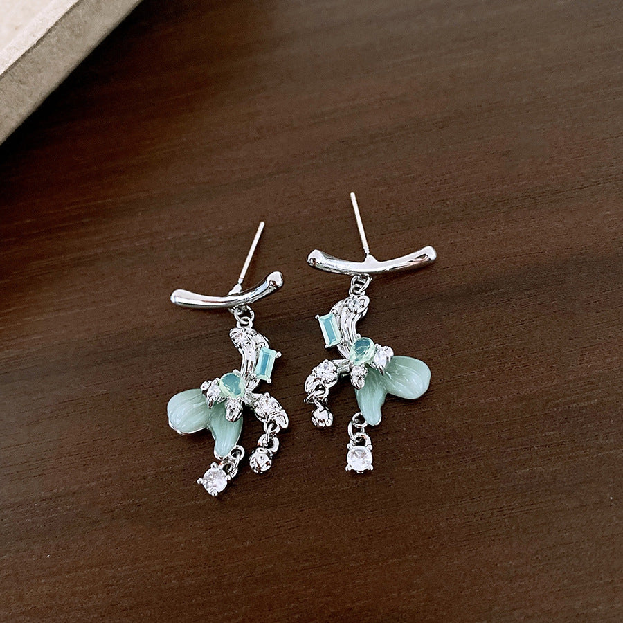 銀針小清新綠色樹脂鋯石蝴蝶流蘇耳釘甜美個性耳環輕奢高級感耳飾