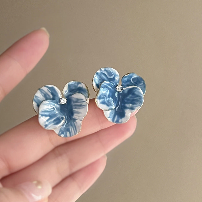 銀針霧霾藍色漸變滴油花朵蝴蝶愛心耳環氣質耳釘秋冬高級感耳飾