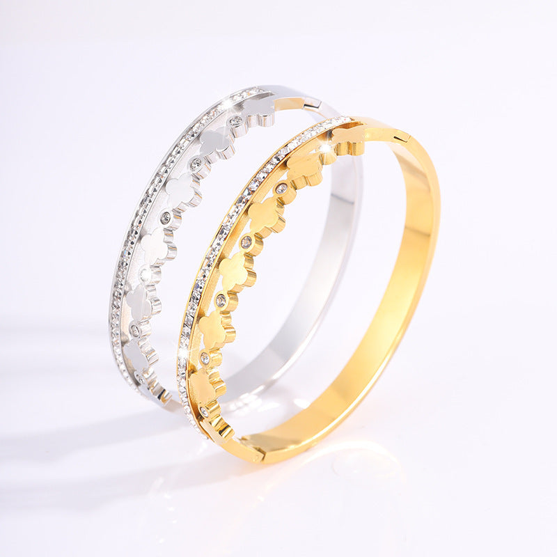 跨境爆款電鍍18K鈦鋼手鐲時尚鑲鑽四葉草輕奢高級不掉色手環