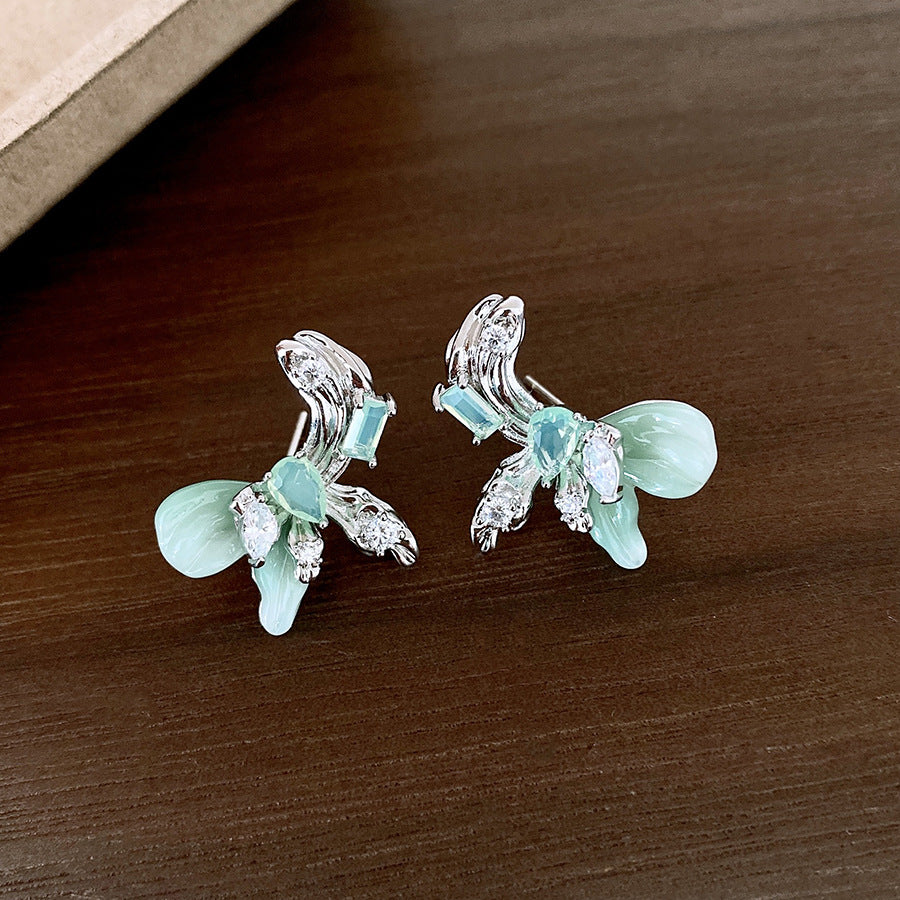 銀針小清新綠色樹脂鋯石蝴蝶流蘇耳釘甜美個性耳環輕奢高級感耳飾