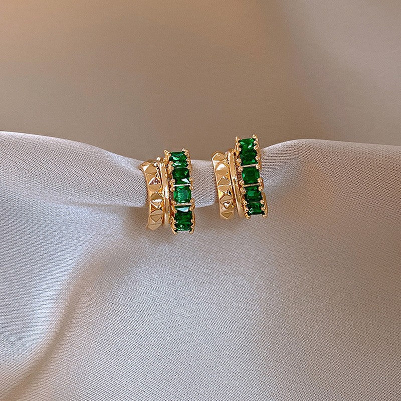 歐美跨境綠色鋯石花朵幾何耳釘氣質百搭耳環輕奢高級感耳飾設計感