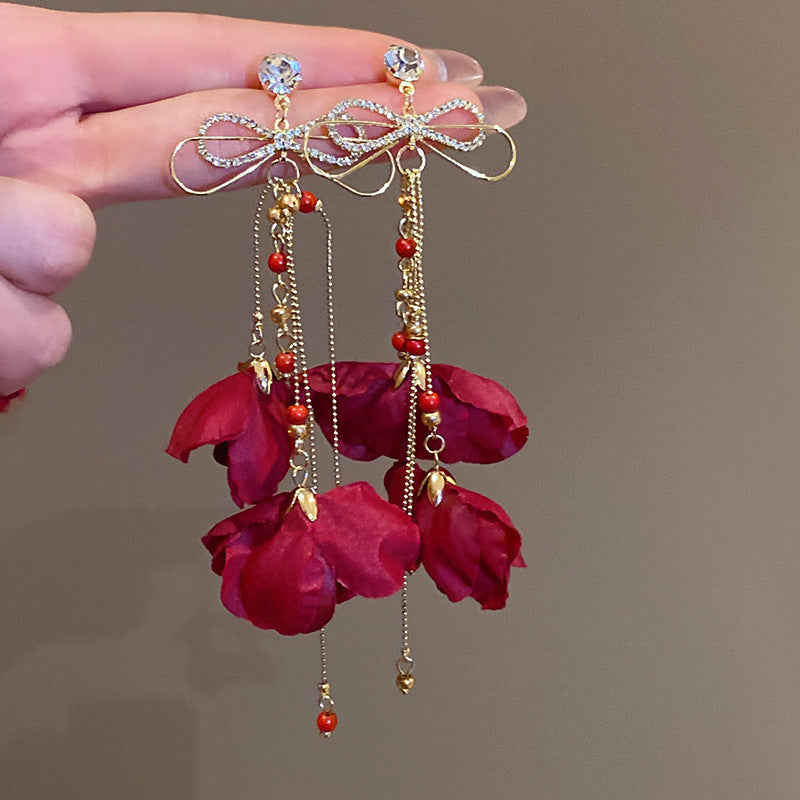 浪漫烏托邦安可拉紅色花朵流蘇耳釘氛圍感長款耳釘輕奢高級感耳飾