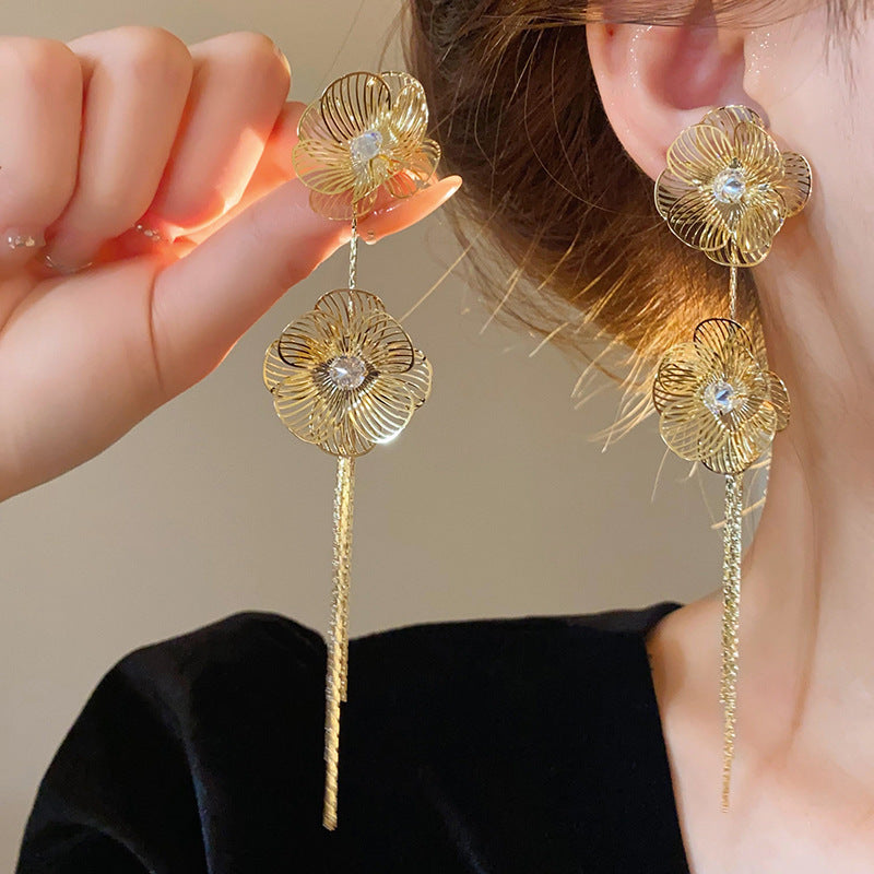 銀針歐美金屬風珍珠蝴蝶花朵流蘇耳釘小衆個性耳環時尚誇張耳飾女