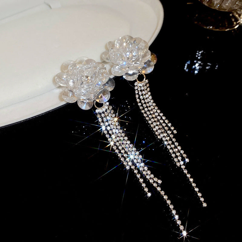 銀針跨境冷淡風銀色鑲鑽鋯石花朵珍珠耳環長款流蘇耳釘高級感耳飾