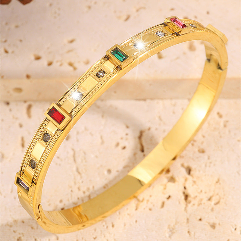 鈦鋼手鐲情侶款華格夫方形彩鑽鑲嵌歐美熱賣精緻百搭氣質手鐲飾品