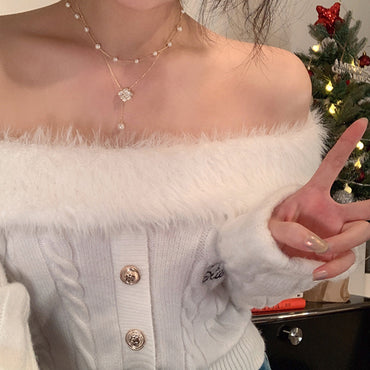 法式甜美山茶花朵珍珠雙層項鍊時尚氣質鎖骨鏈輕奢潮高級感項飾女