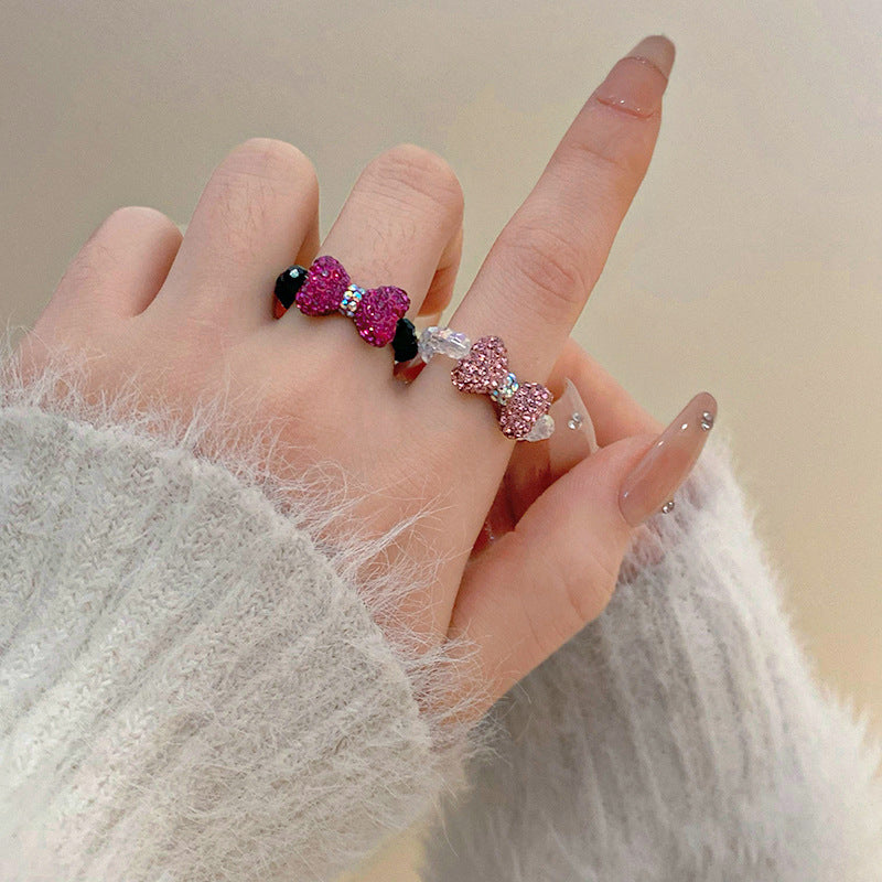 鑲鑽蝴蝶結水晶戒指甜美可愛少女心食指戒小衆時尚高級感手飾