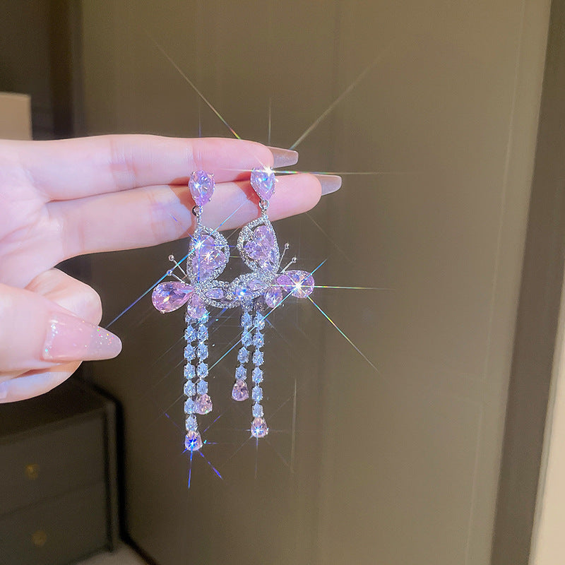 銀針熱銷鑲鑽鋯石水滴蝴蝶流蘇耳環輕奢高級感耳釘耳飾設計感小衆