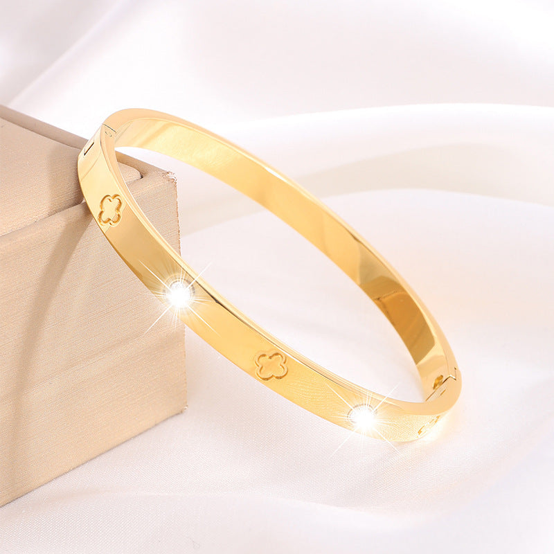 鈦鋼手鐲四葉花壓印手鐲女生高級感時尚網紅爆款不鏽鋼手鐲飾品