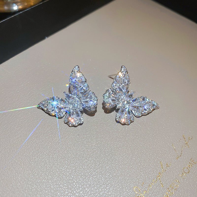銀針輕奢鋯石几何蝴蝶花朵流蘇耳釘個性冷淡風耳環歐美高級感耳飾