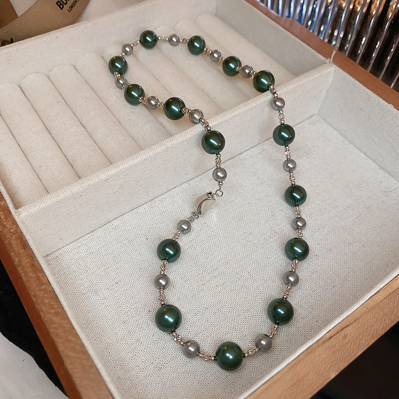 法式復古灰色珍珠項鍊小衆簡約設計感鎖骨鏈氣質輕奢高級感項飾女