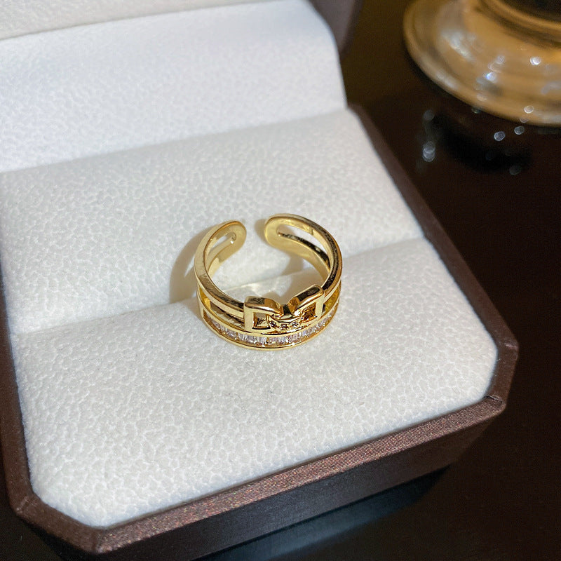 韓國時尚鋯石字母愛心幾何開口戒指輕奢小衆高級感食指戒百搭手飾