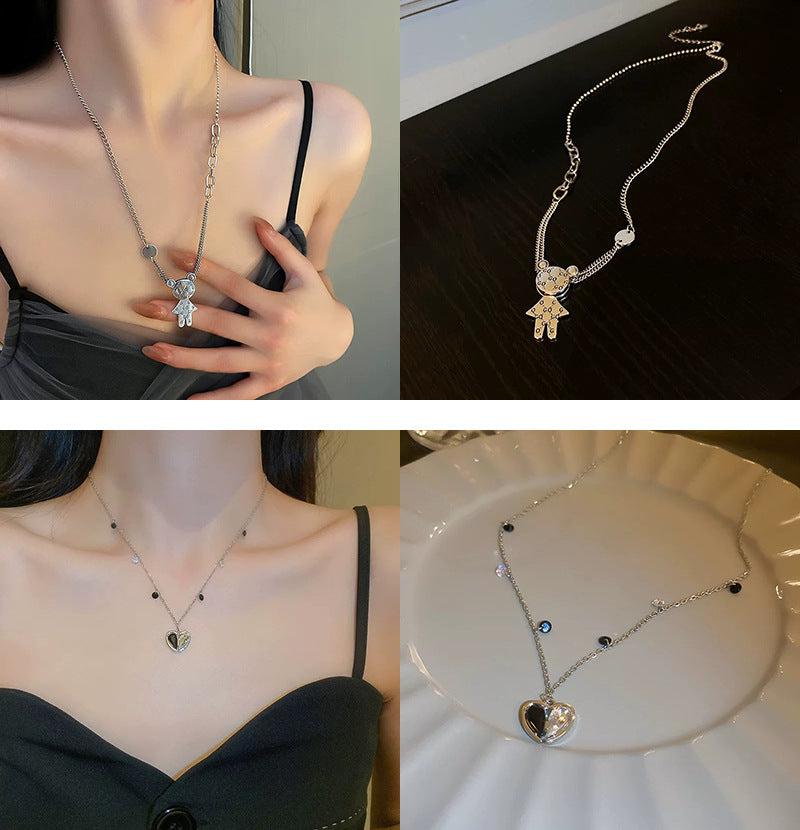 韓國時尚冷淡風鑲鑽愛心珍珠項鍊網紅小衆設計感氣質鎖骨鏈項飾女