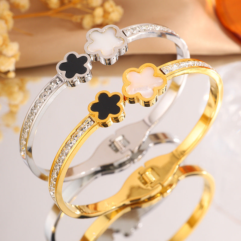 韓版黑白五瓣花排鑽鈦鋼手鐲女簡約開口設計不褪色百搭手鐲飾品