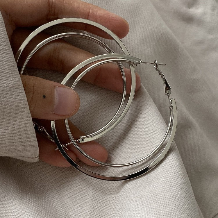 銀針歐美跨境金屬風素圈幾何耳圈氣質個性耳釘耳環誇張高級感耳飾