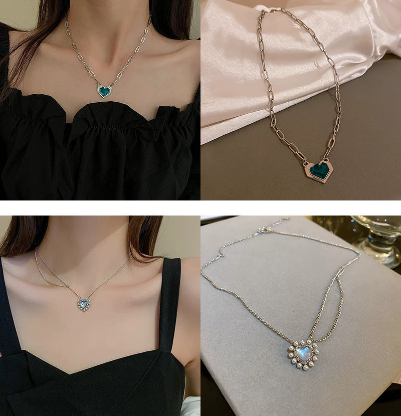 韓國時尚冷淡風鑲鑽愛心珍珠項鍊網紅小衆設計感氣質鎖骨鏈項飾女