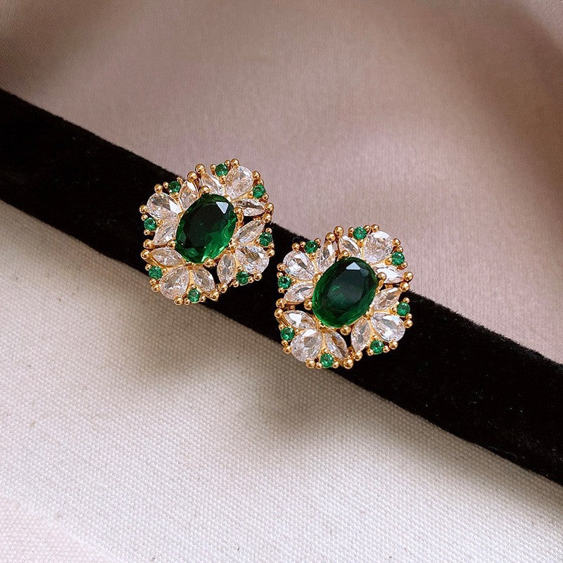 歐美跨境綠色鋯石花朵幾何耳釘氣質百搭耳環輕奢高級感耳飾設計感
