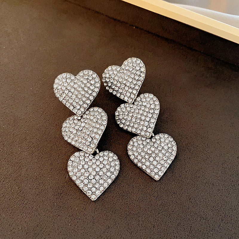銀針歐美輕奢人造鋯石水晶款愛心耳釘時尚宮廷風耳環高級感耳飾女
