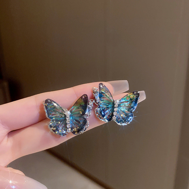 銀針中古vintage綠色鑲鑽蝴蝶珍珠耳環氣質耳墜復古高級感耳飾女