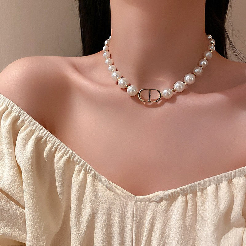 韓國東大門珍珠閃鑽幾何項鍊新款頸鍊簡約百搭冷淡風鎖骨鏈頸飾女