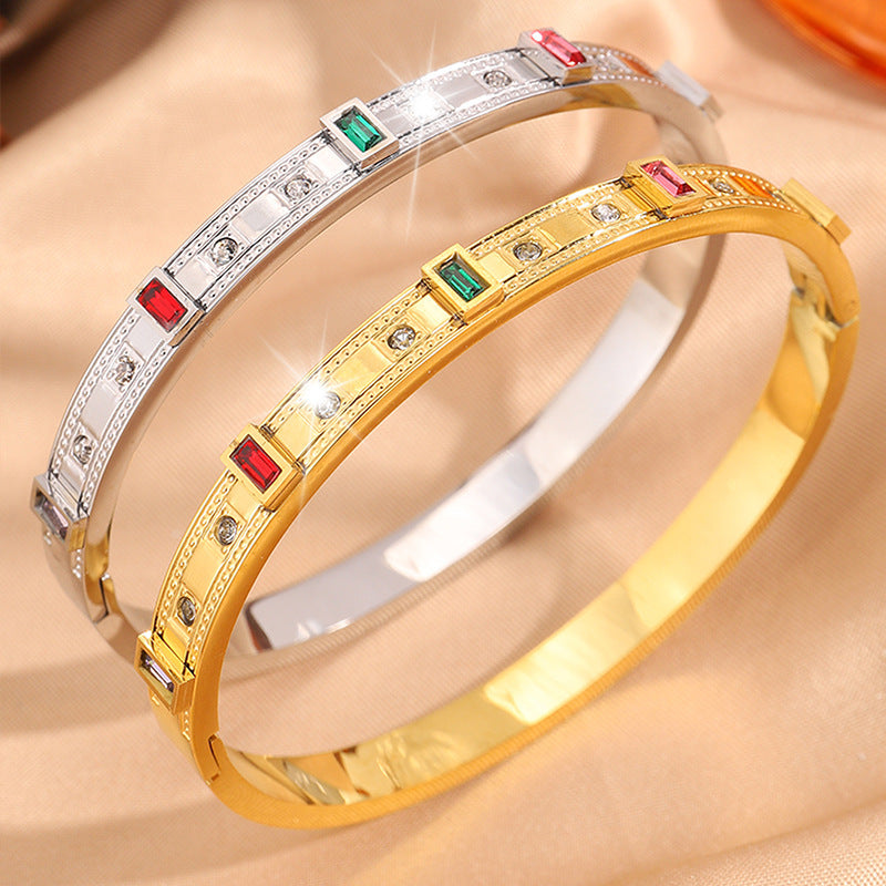 鈦鋼手鐲情侶款華格夫方形彩鑽鑲嵌歐美熱賣精緻百搭氣質手鐲飾品