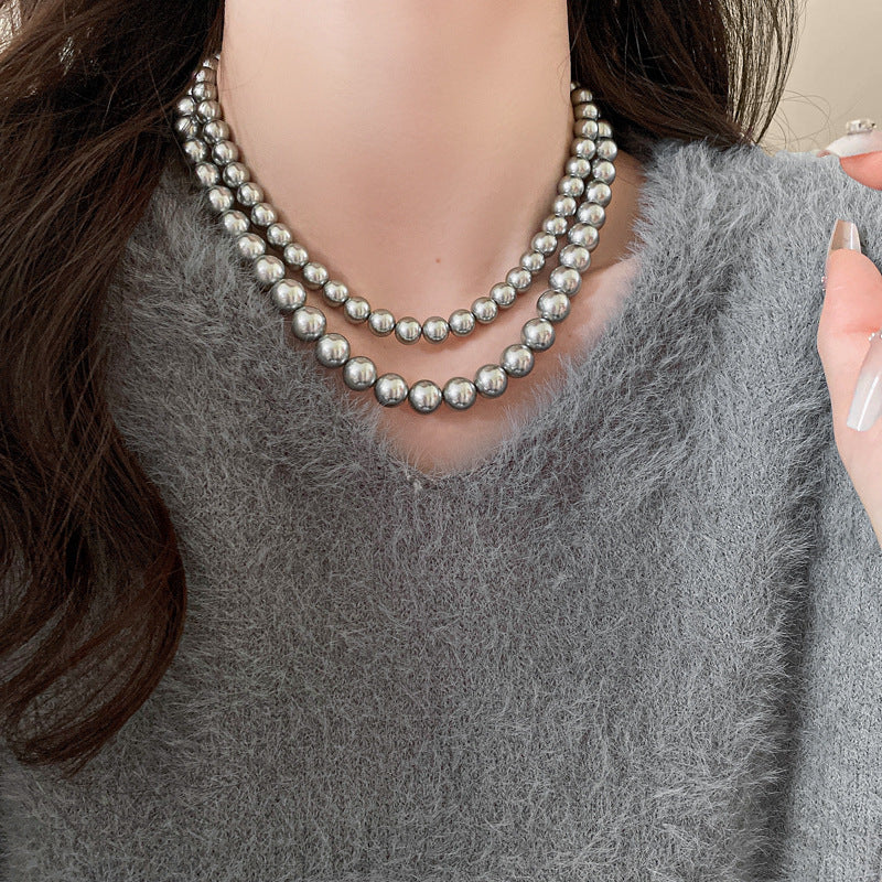 法式復古灰色珍珠項鍊小衆簡約設計感鎖骨鏈氣質輕奢高級感項飾女