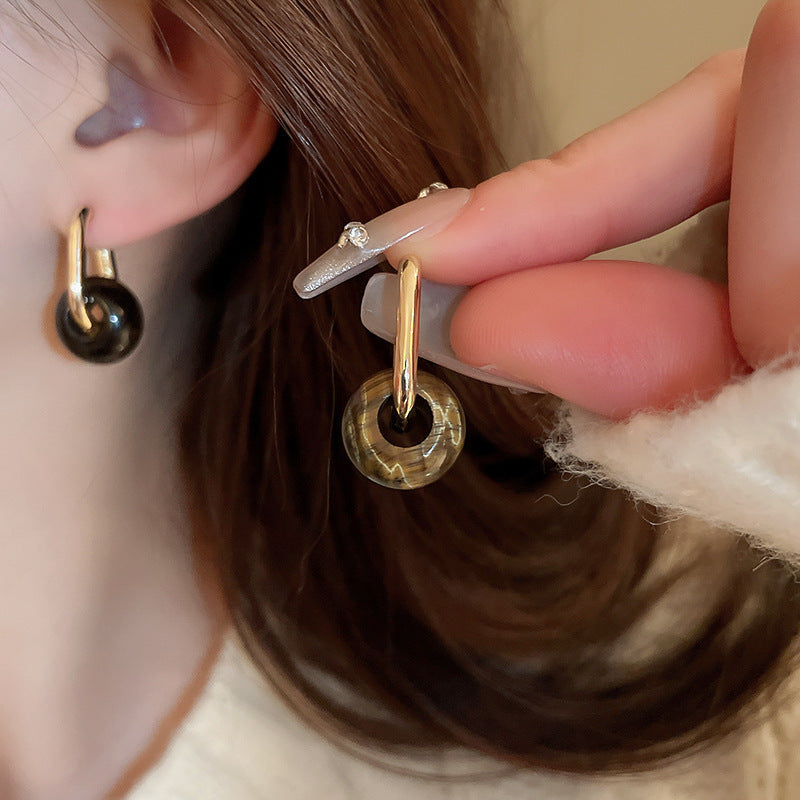 銀針小衆復古C形人造虎眼石耳環氣質設計感耳釘輕奢高級感耳飾女
