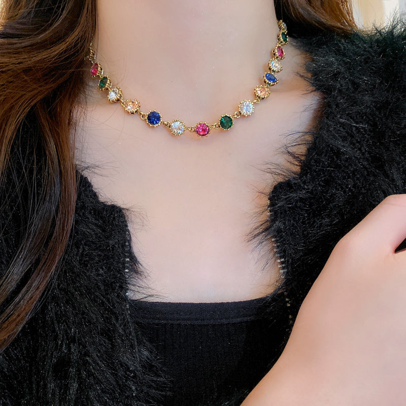 歐美誇張設計彩色鑲鑽項鍊宮廷風個性氣質鎖骨鏈老虎頭復古項飾女
