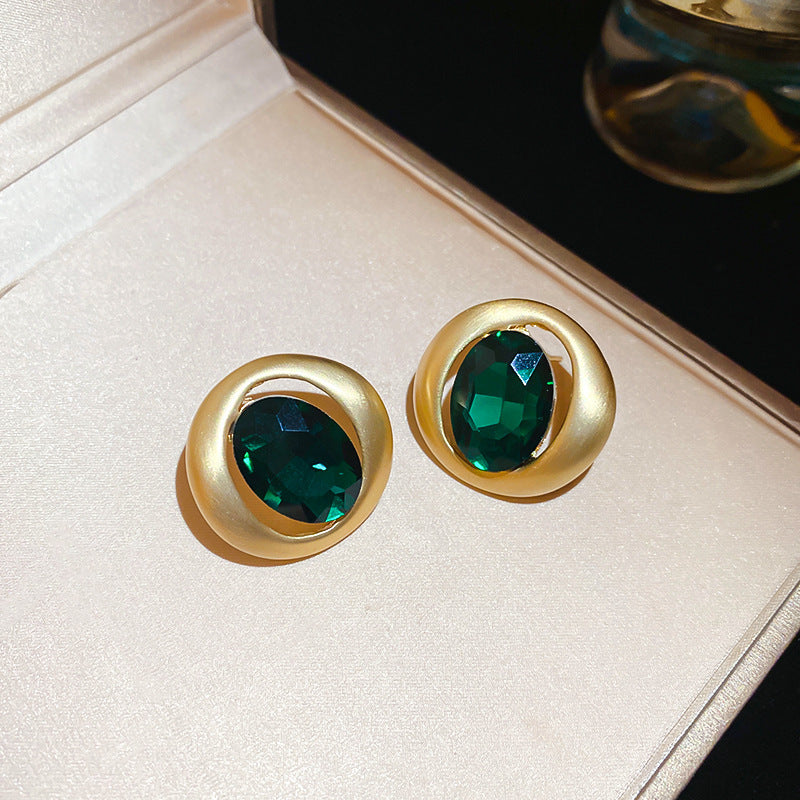歐美跨境綠色鋯石花朵幾何耳釘氣質百搭耳環輕奢高級感耳飾設計感