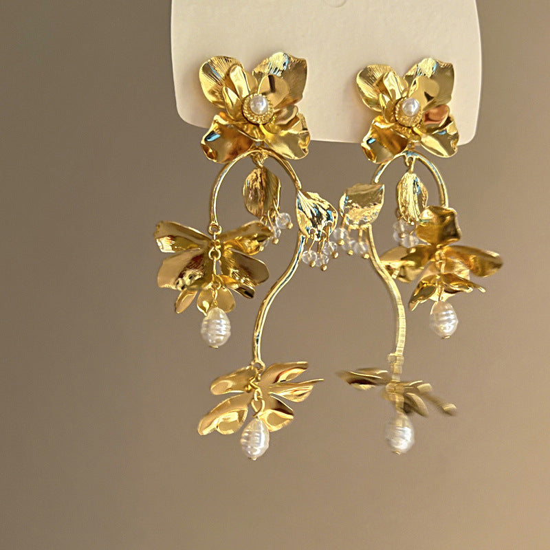 銀針歐美跨境專供花朵珍珠流蘇耳環氣質個性耳釘誇張高級感耳飾女