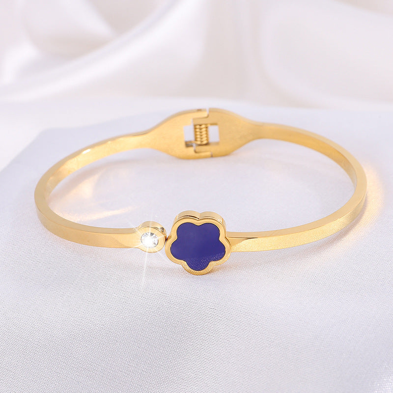 韓版五葉花玫瑰金鈦鋼手鐲時尚爆款手飾鑲鑽女新款個性不鏽鋼手環