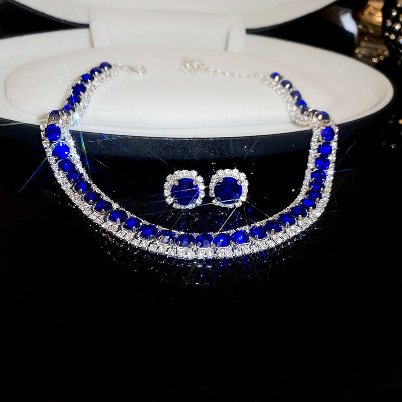 復古輕奢祖母綠鑲鑽方形項鍊2件套時尚小衆鎖骨鏈時尚高級感項飾