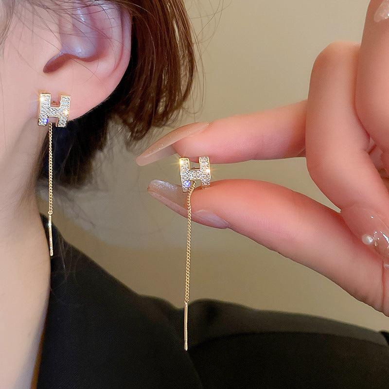 銀針法式黑色鑲鑽字母珍珠包包流蘇耳環小衆氣質耳釘高級感耳飾女