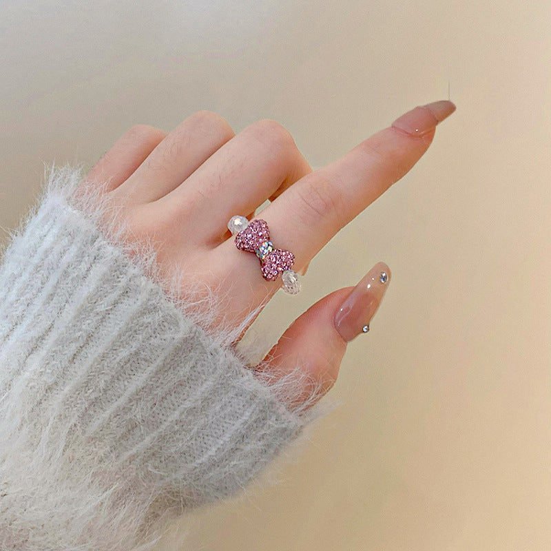 鑲鑽蝴蝶結水晶戒指甜美可愛少女心食指戒小衆時尚高級感手飾