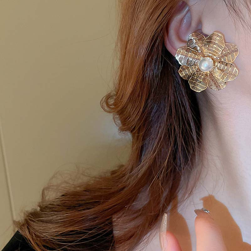 銀針歐美金屬風鏤空花朵魚尾珍珠耳環誇張氣質耳釘重工高級感耳飾