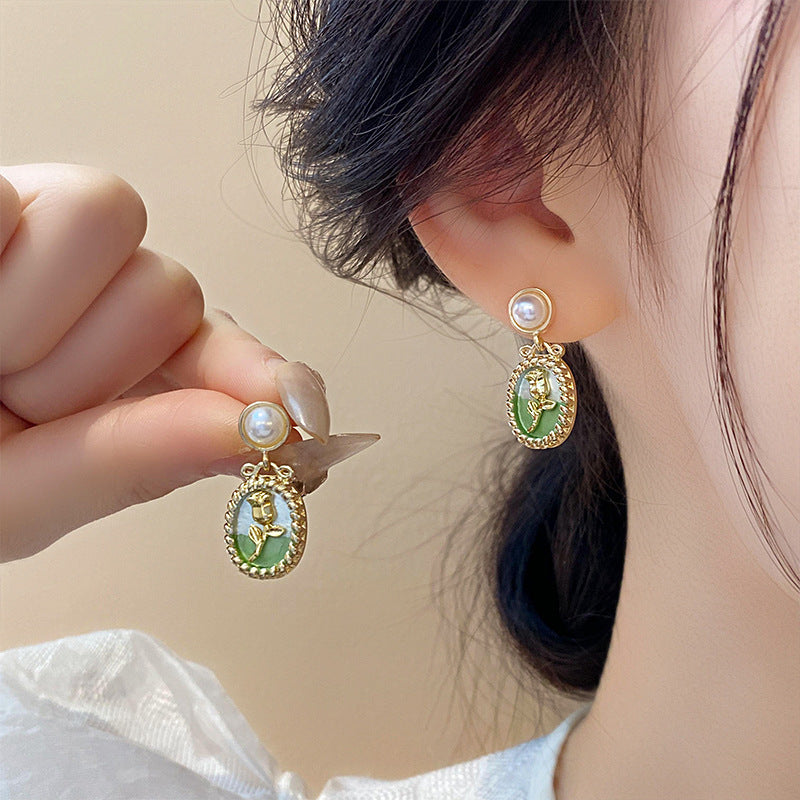 莫奈花園油畫風愛心花朵珍珠耳環時尚氣質耳釘法式甜美小清新耳飾