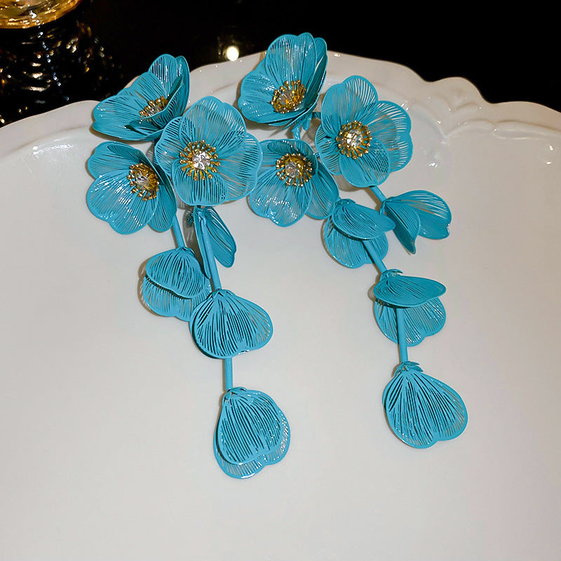 銀針歐美跨境專供花朵珍珠流蘇耳環氣質個性耳釘誇張高級感耳飾女