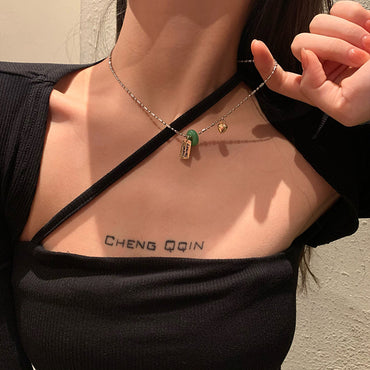 韓國時尚字母方牌愛心圓環項鍊簡約氣質少女百搭鎖骨鏈頸飾配飾女