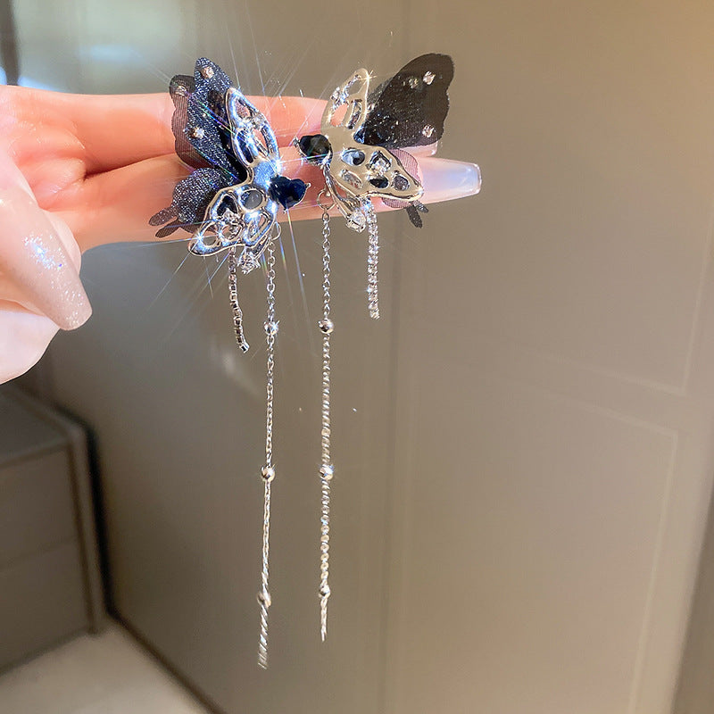 銀針新中式黑色系竹子花朵珍珠流蘇耳環氣質百搭耳釘高級感耳飾女