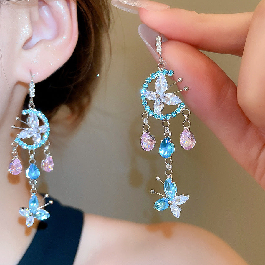 銀針熱銷鑲鑽鋯石水滴蝴蝶流蘇耳環輕奢高級感耳釘耳飾設計感小衆