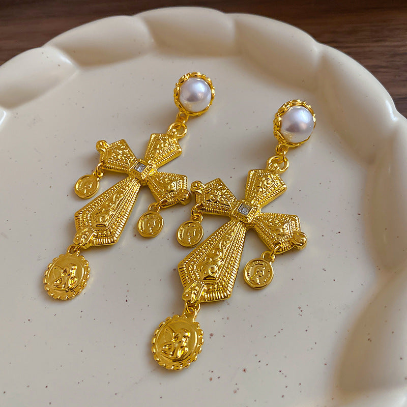 銀針法式復古字母豬鼻子土星珍珠耳環一款兩戴耳釘輕奢高級感耳飾