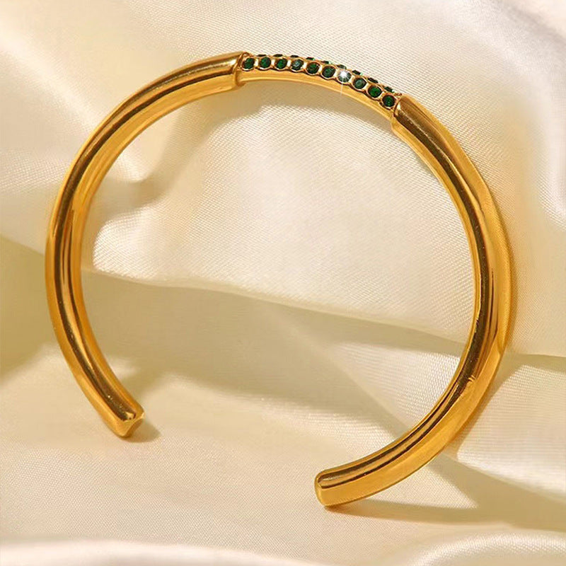 鈦鋼手鐲鑲鑽C形小衆設計歐美風排鑽簡約氣質光面復古不鏽鋼手環