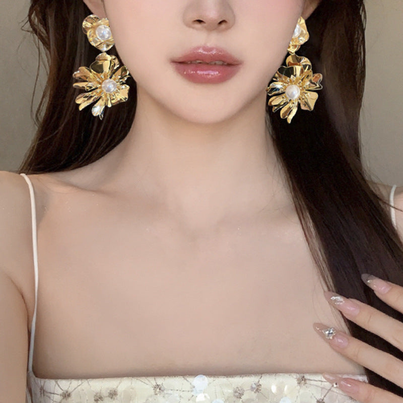 銀針超仙珍珠花朵流蘇耳環氣質時尚耳釘跨境歐美誇張高級感耳飾女