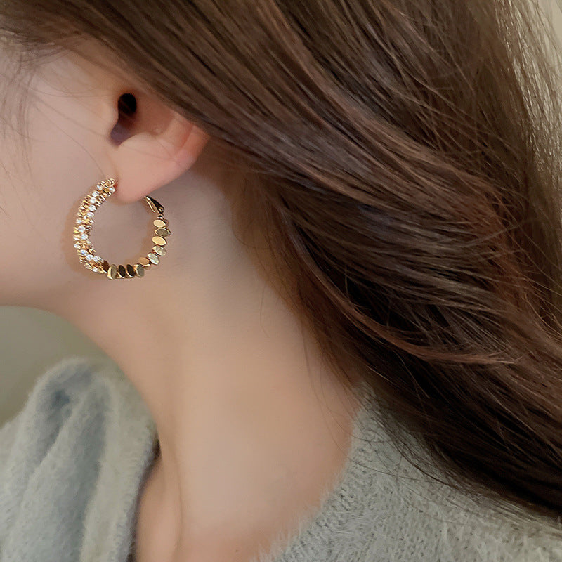 銀針歐美冷淡風鑲鑽愛心圓圈耳圈小衆簡約誇張耳環百搭高級感耳飾