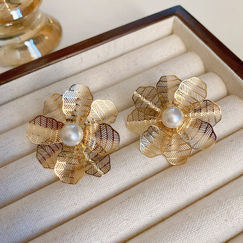 銀針歐美金屬風鏤空花朵魚尾珍珠耳環誇張氣質耳釘重工高級感耳飾