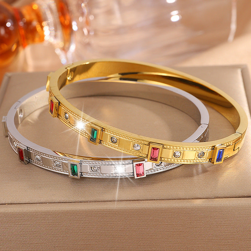 鈦鋼手鐲情侶款華格夫方形彩鑽鑲嵌歐美熱賣精緻百搭氣質手鐲飾品