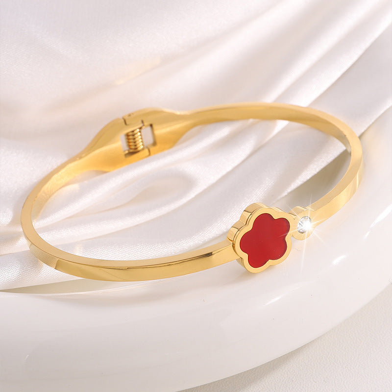 韓版五葉花玫瑰金鈦鋼手鐲時尚爆款手飾鑲鑽女新款個性不鏽鋼手環